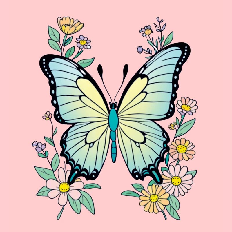 Papillon Bleu Avec Fleurs, Papillon