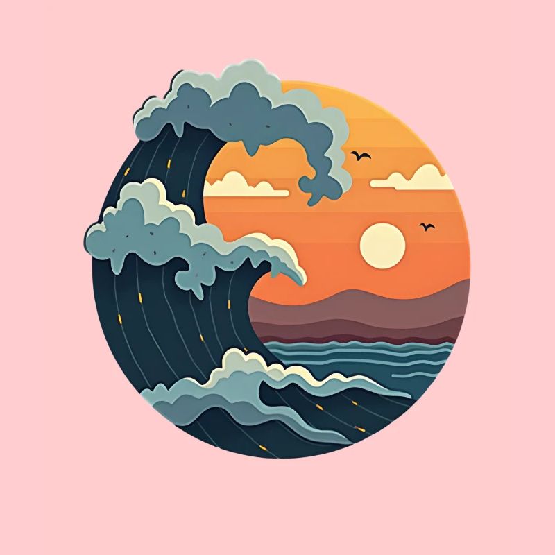 Vagues dans l’illustration du coucher de soleil