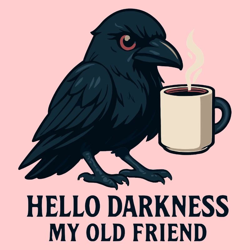 Schwarzer Humor Rabe mit Kaffeebecher