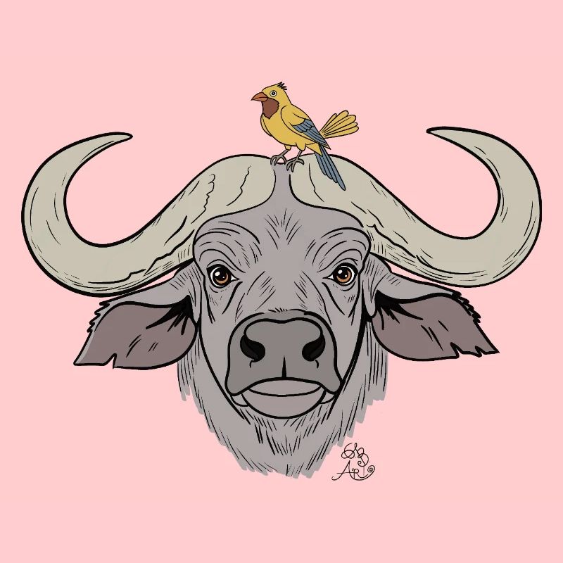 Stämmiger Büffel mit Singvogel