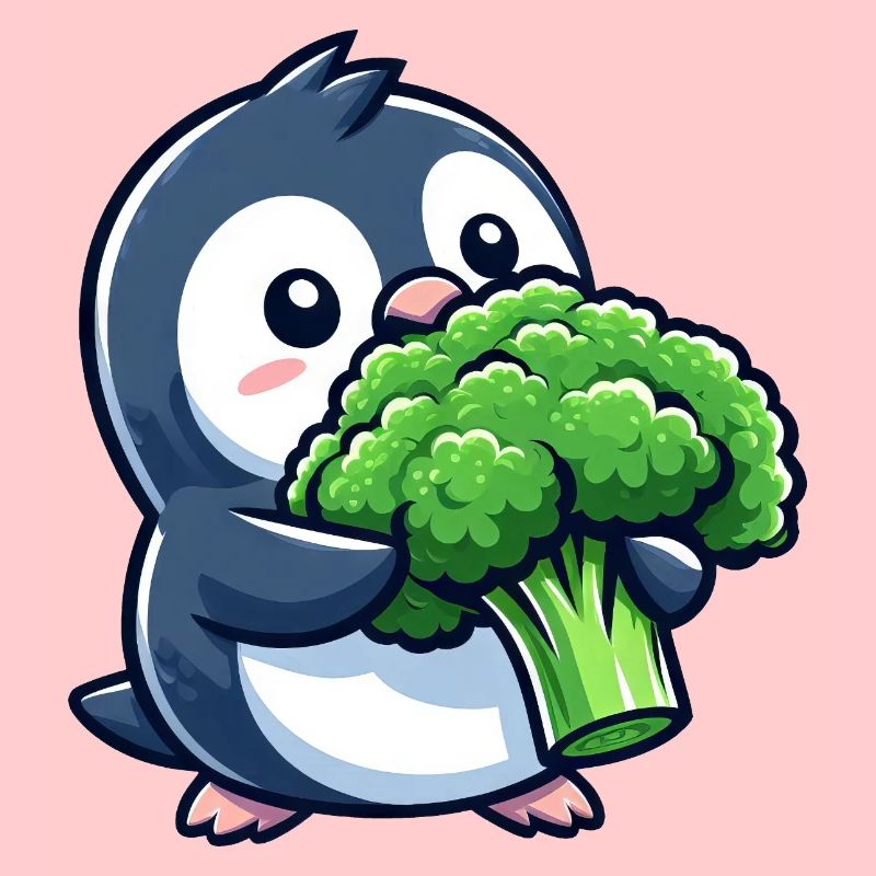 Funny Penguin with Broccoli Vegetables Vegan Comic