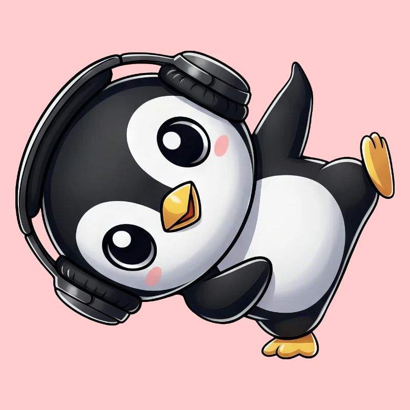Funny penguin dancing breakdance with headphones