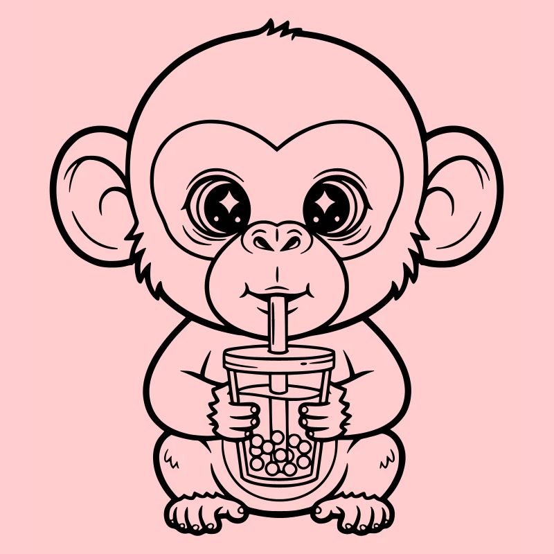 Niedlicher Affe mit Bubble Tea Line Art Design