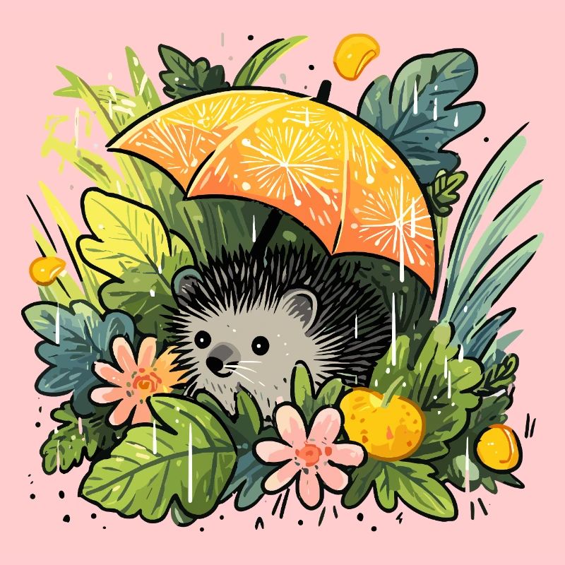 Igel mit Orangenregenschirm im Dschungel