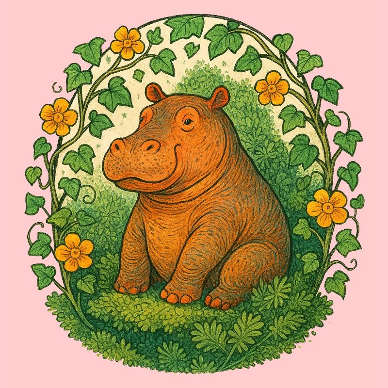 Whimsical Hippo in Ivy Circle