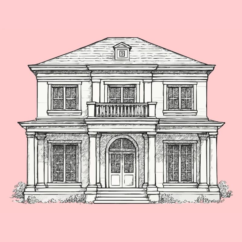 Villa façade drawing vintage style