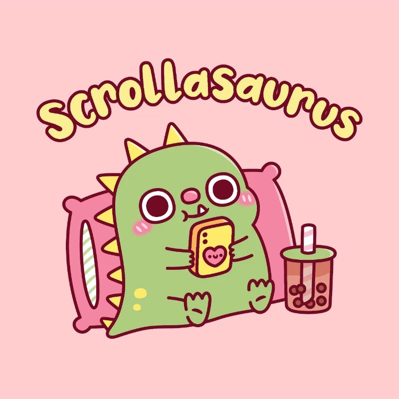 Niedlicher Scrollasaurus-Dinosaurier scrollt auf dem Handy