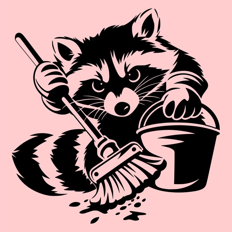 Waschbär mit Eimer & Mopp