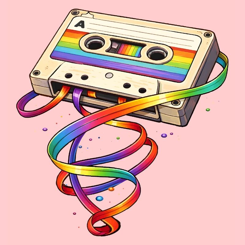 Retro cassette with rainbow ribbon
