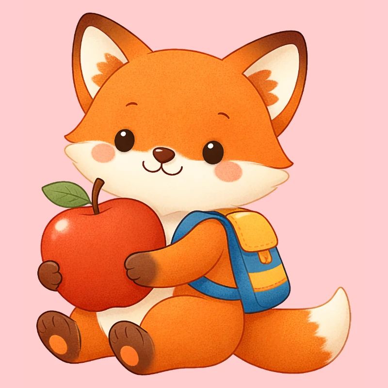 Cuddly fox with apple and backpack