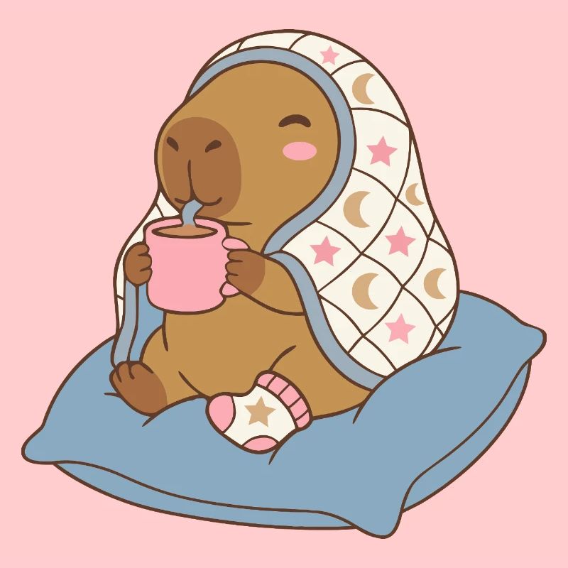 Cozy  Night Capybara on a pillow sipping cocoa