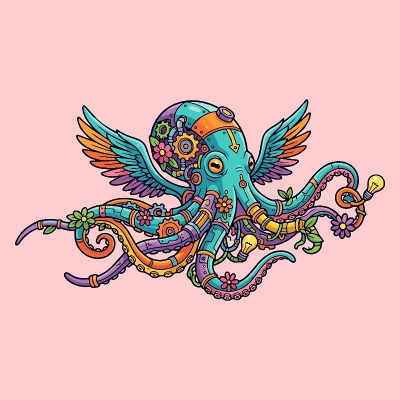 Créatures fantastiques de pieuvre steampunk colorée avec des ailes