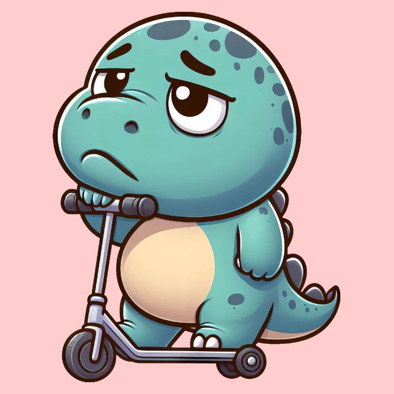 mignon Dino Trex scooter dessin animé ennui