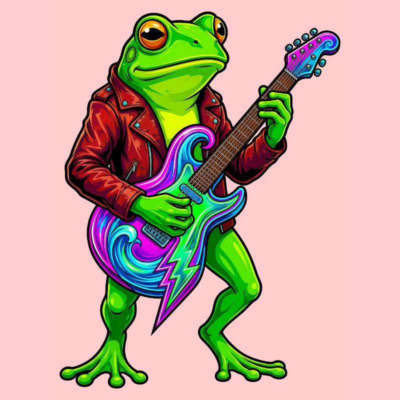 Frosch mit Jacke und Neon E-Gitarre