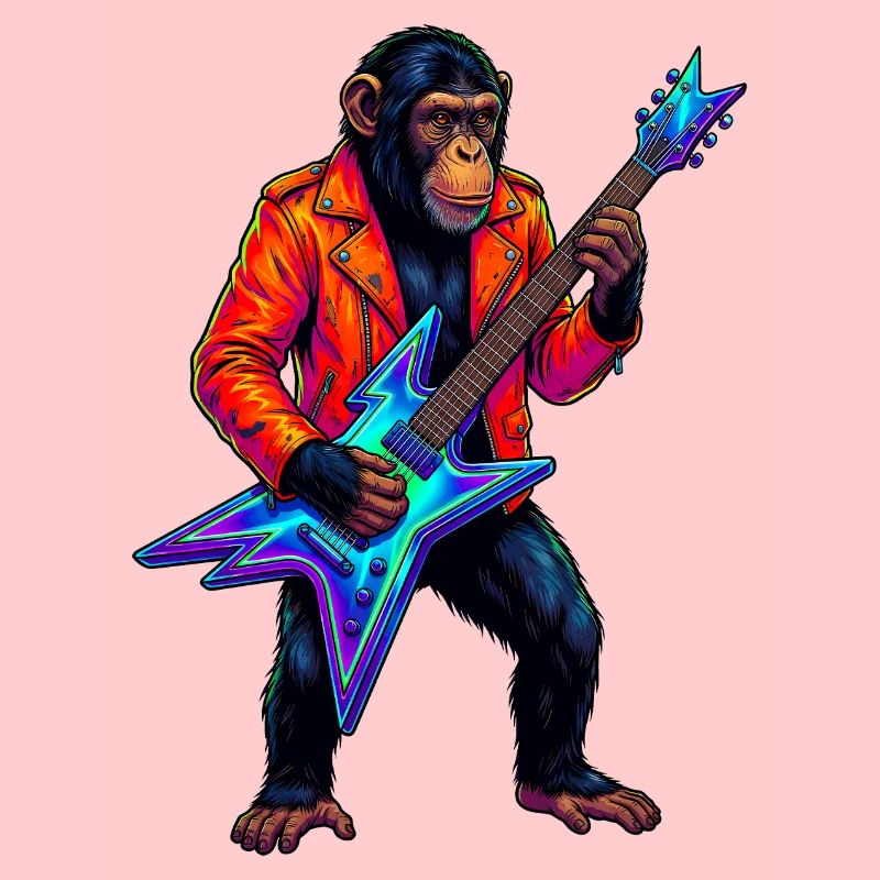 Schimpanse in Lederjacke und Neon E-Gitarre