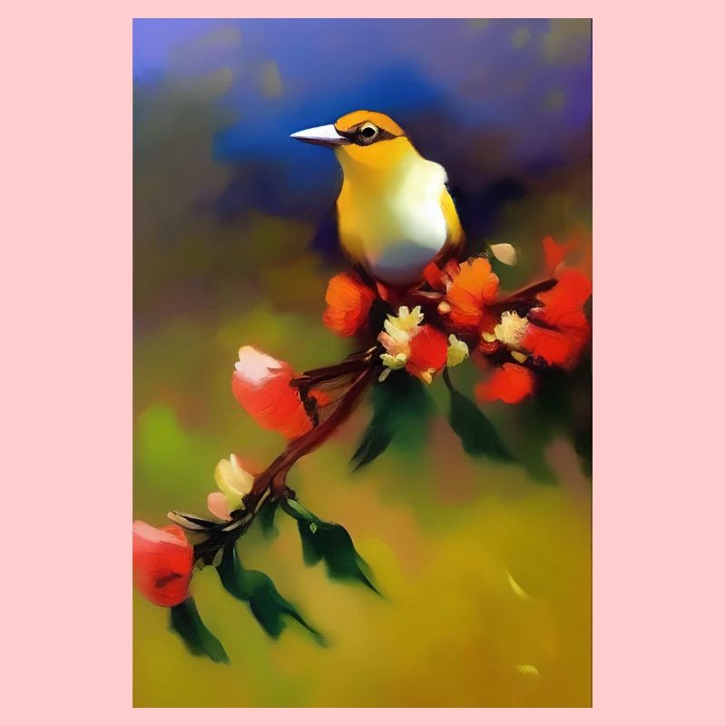 Oiseau sur branche avec des fleurs colorées