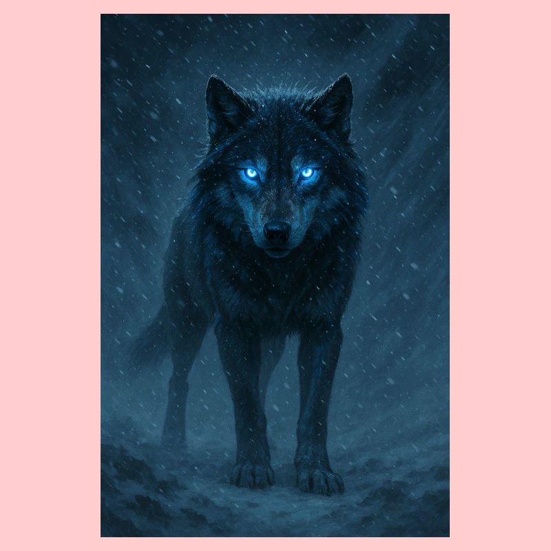Blauäugiger Wolf in einem Schneesturm