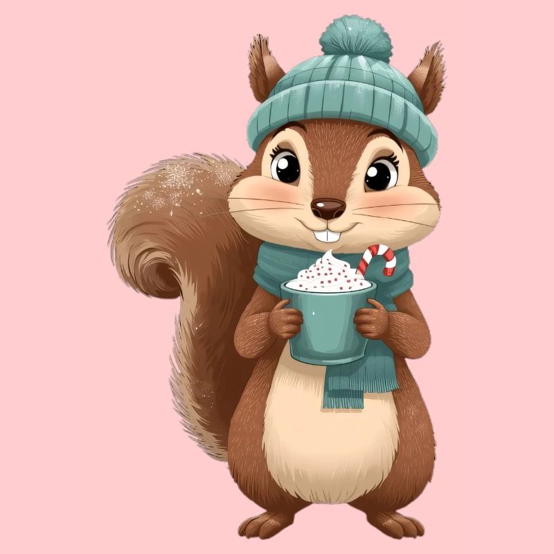 Winterliches Eichhörnchen mit Heißgetränk
