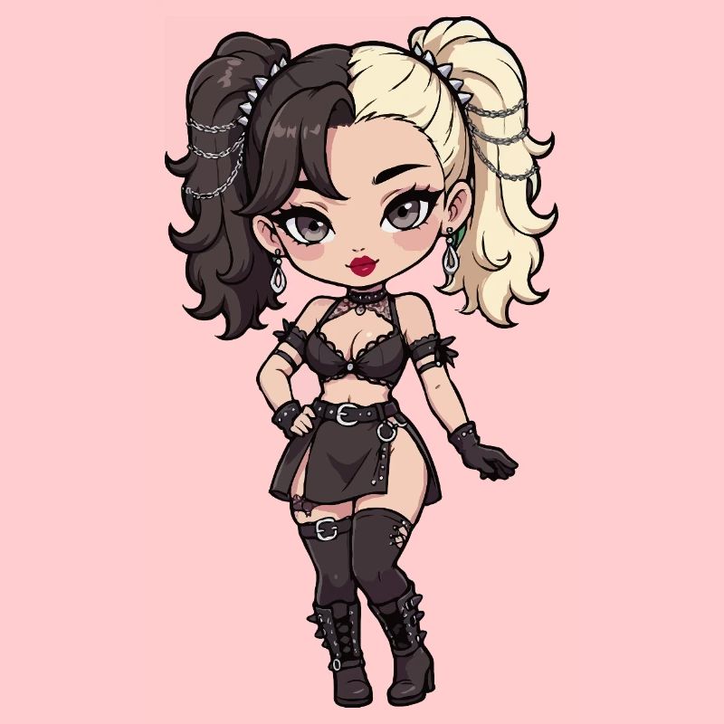 Gotische Chibi-Diva mit zweifarbigem Haar