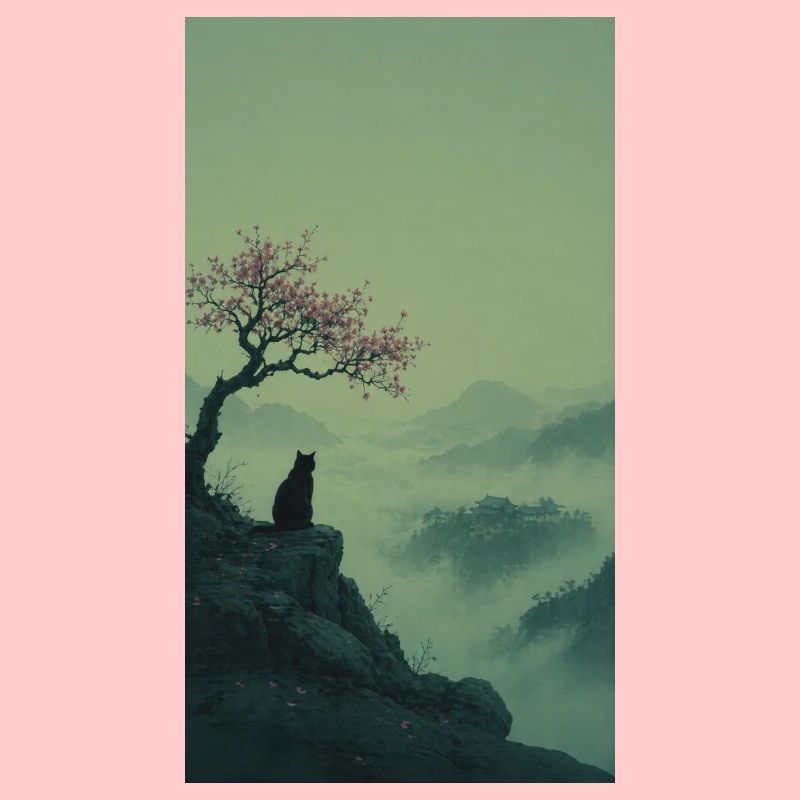 Black Cat at Sakura Tree – Asian Zen Design