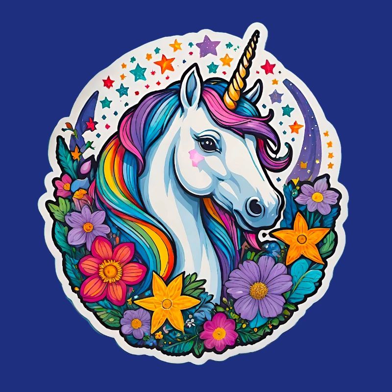 Regebogen Einhorn mit Blumen und Sternen