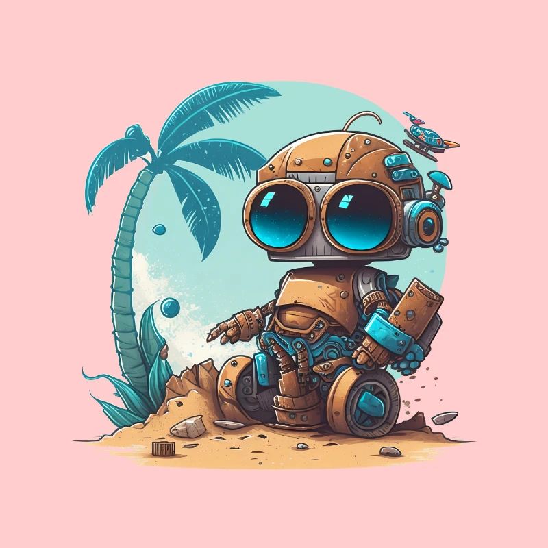 A small robot on the beach under a palm tree