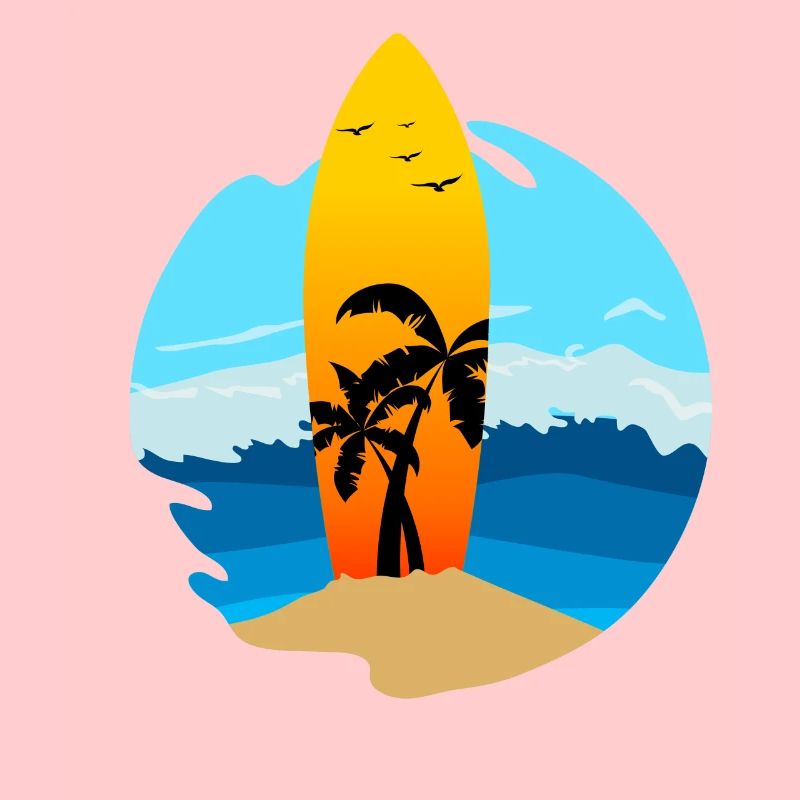 Une planche de surf avec des palmiers coincés dans le sable