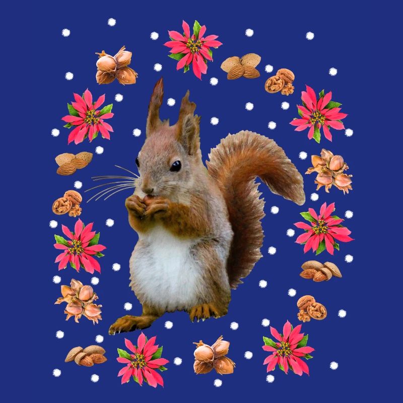Eichhörnchen mit Nüssen, Weihnachtsstern, Haselnus