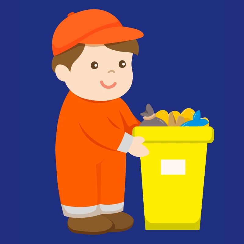 Boy as garbage man with garbage can
