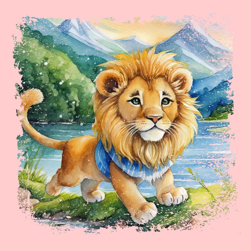 Cute young lion happily playing by the river