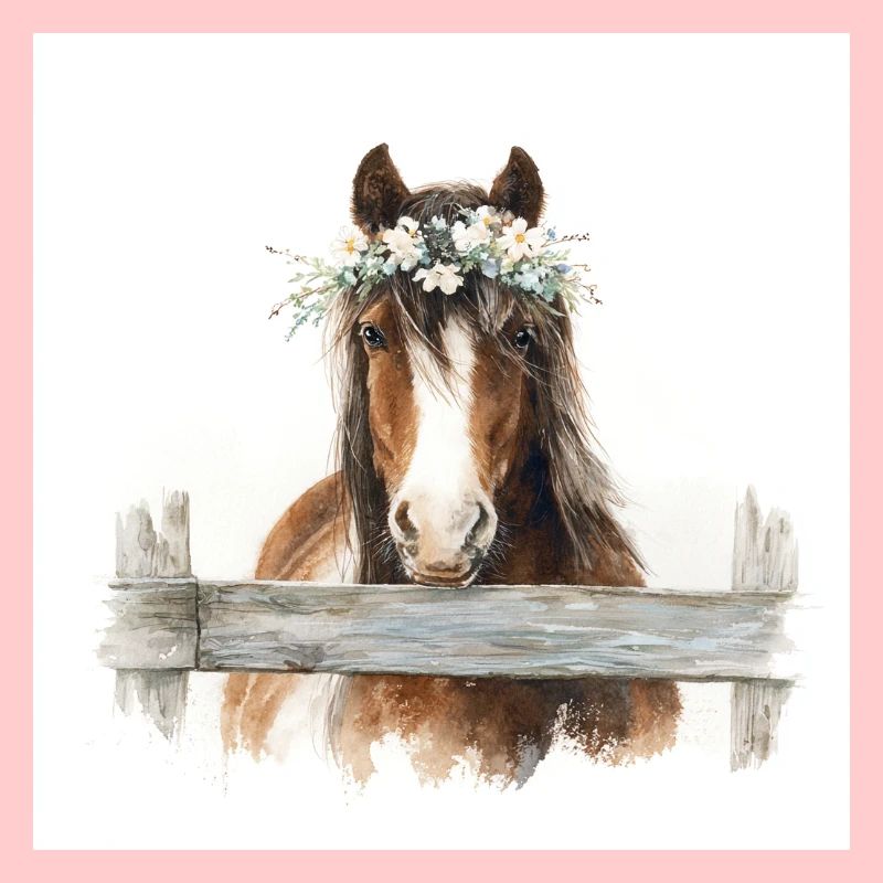 Cheval couronné de fleurs par-dessus la clôture