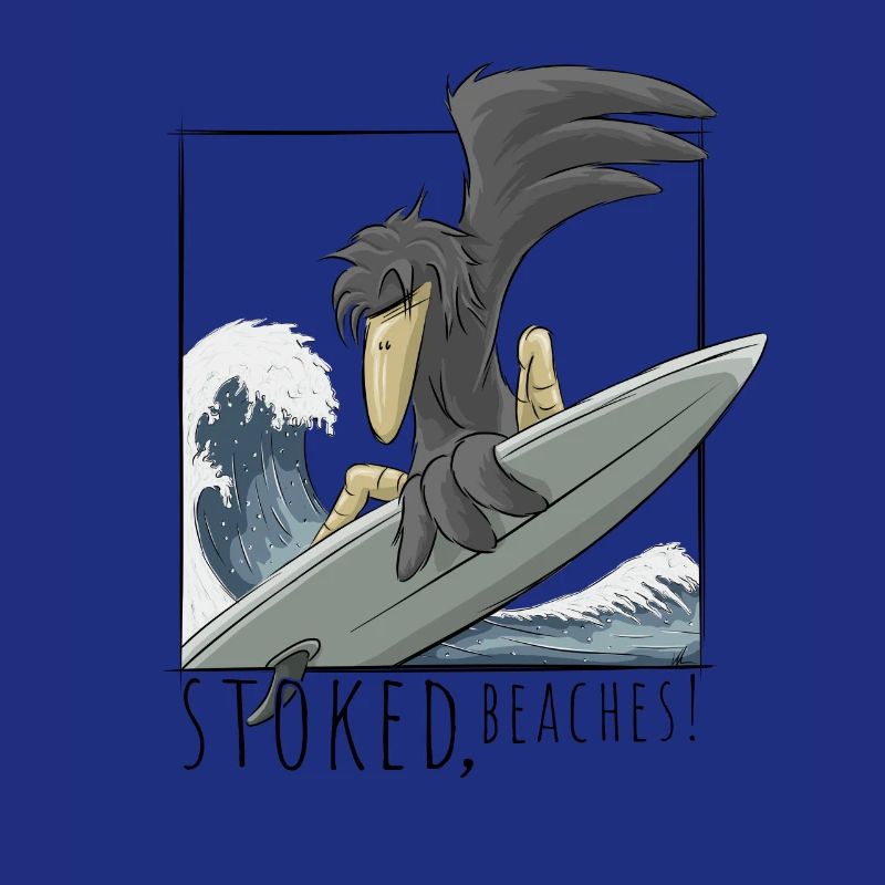 Stoked, Beaches! Surfer crow raven on wave