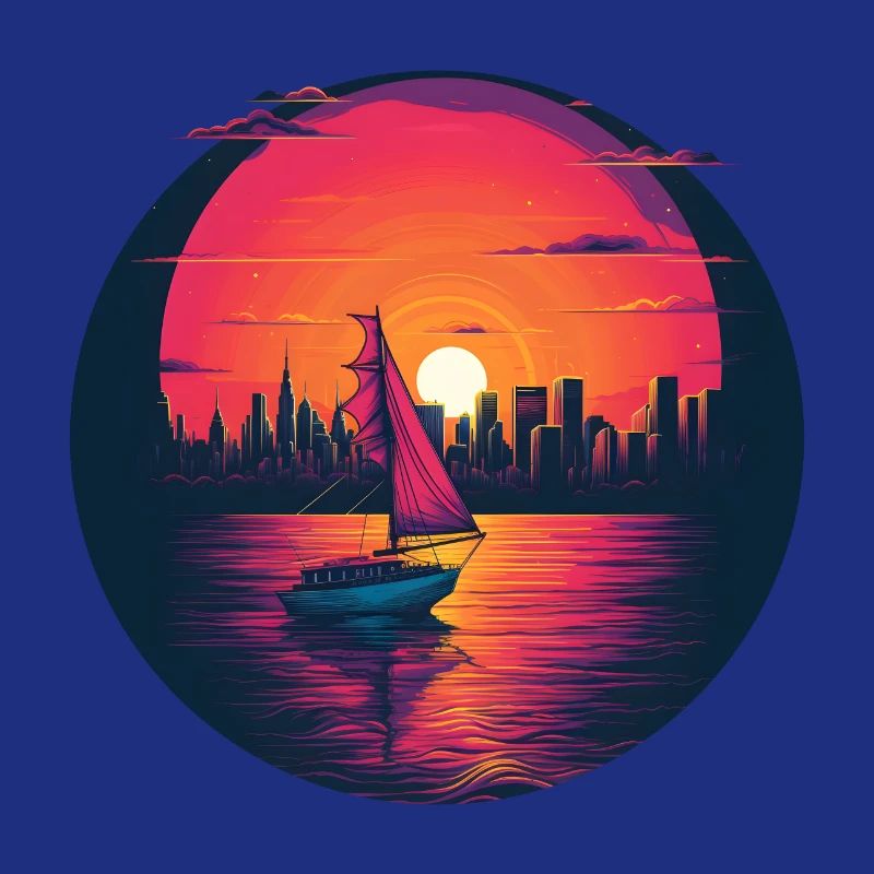 Synthwave sailing ship sunset