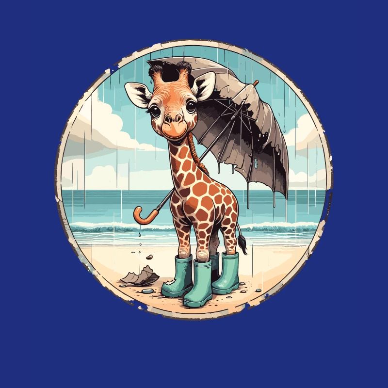 Giraffe on the beach in rubber boots with umbrella