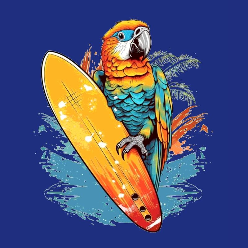Cooler surfender Papagei mit Surfbrett