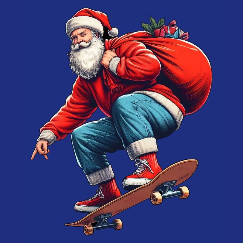 Retro-Weihnachtsmann springt mit einer Tüte voller Geschenke auf ein Brett
