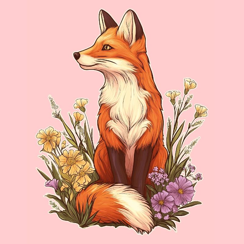Renard avec des fleurs et des fleurs