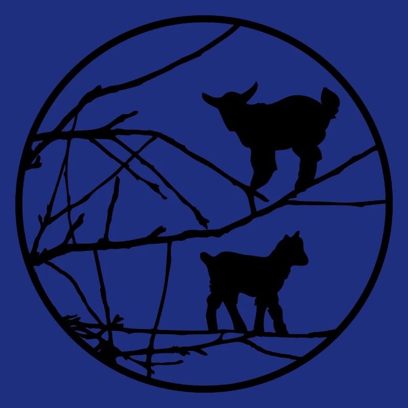 Small goat lambs as silhouettes in the tree
