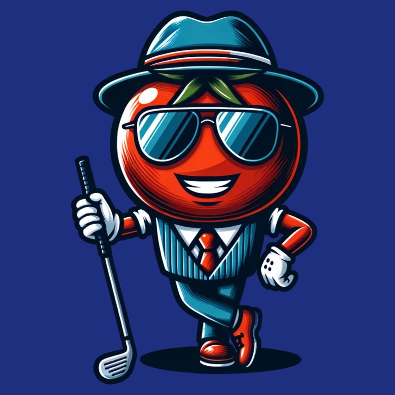 Drôle de tomate de golf dans un costume cool avec