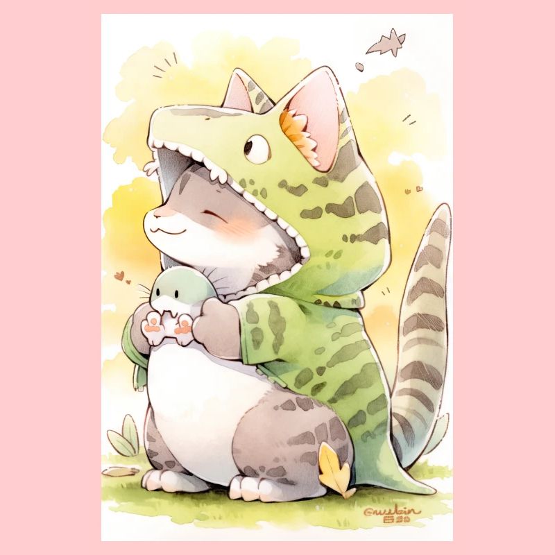 Dino Kitty: Adorable dessin d’un chat d’anime mignon