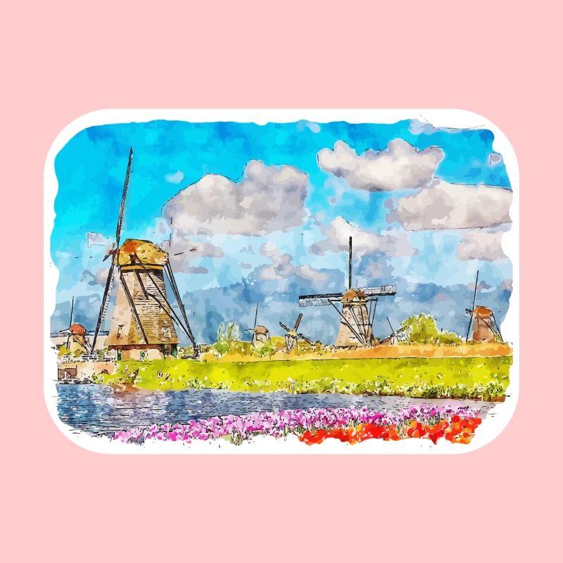 Kinderdijk Moulins à vent Pays-Bas Aquarelle Dessin D