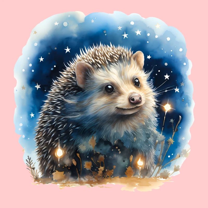 Aquarell Igel mit Sternenhimmel