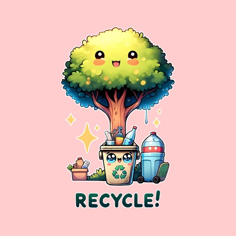 Recycler Chibi Arbre mignon avec corbeille Jour de la Terre
