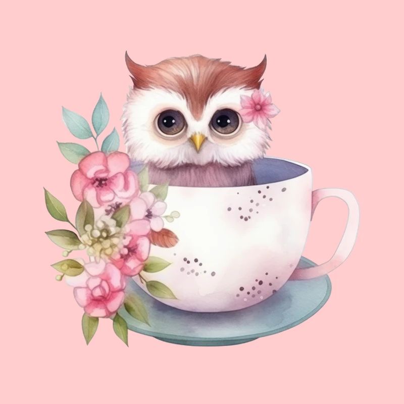 Mignon bébé hibou rose avec des fleurs dans une tasse