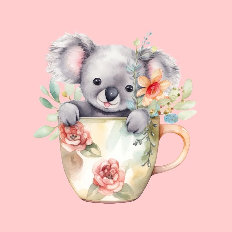 Cute koala with flowers in coffee mug