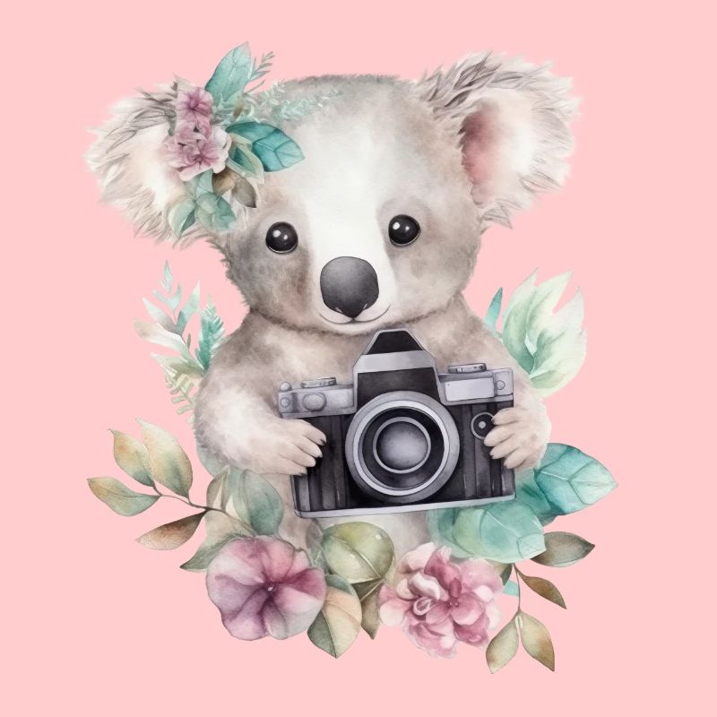 Niedlicher & süßer Koala mit Kamera und Blumen