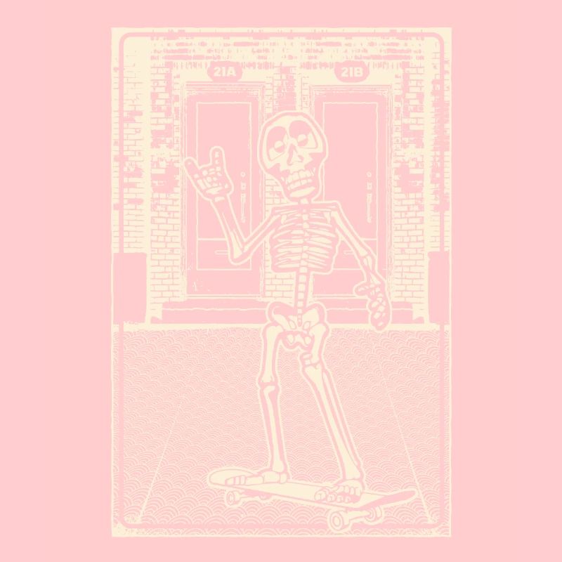 Squelette avec skateboard devant la maçonnerie de briques