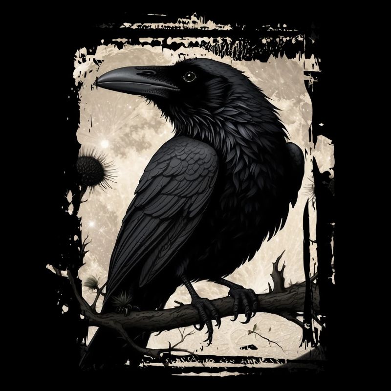 Corbeau sur branche devant la pleine lune
