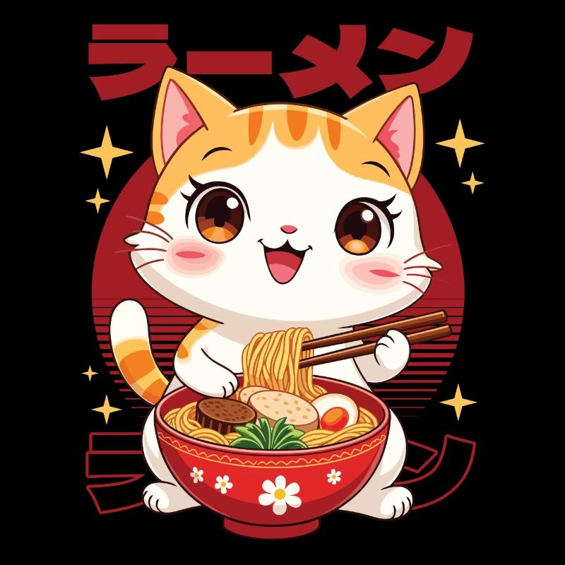 Kätzchen mit Ramen in kawaii Stil