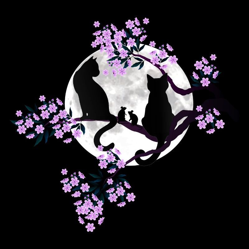 Cats under the full moon in the blossoming cherry tree